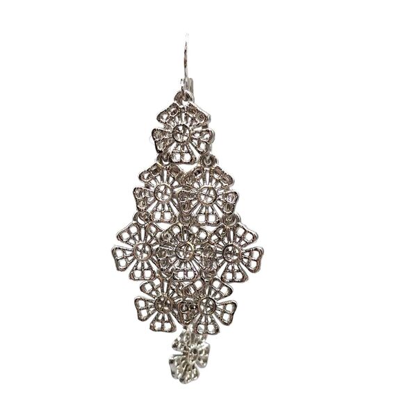Floral Cascade Pierced Earrings Dangle Intricate Filigree Silver Tone Fashion - Picture 8 of 10